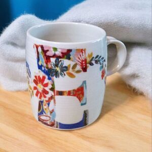 Anthropologie Starla M Hoffman 12 oz E initial mug Boho Floral